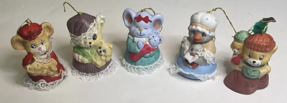 JASCO CARING CRITTER CHIMERS (5) Bisque Porcelain Bell Hand Painted Ornament VTG